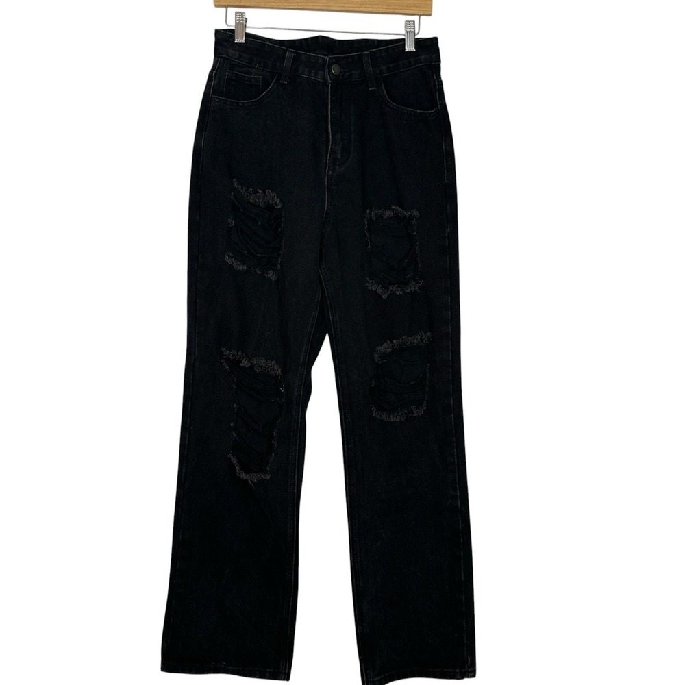 Genlack Womens Black Distressed Wide Leg Jeans Size M High Rise Relaxed Grunge